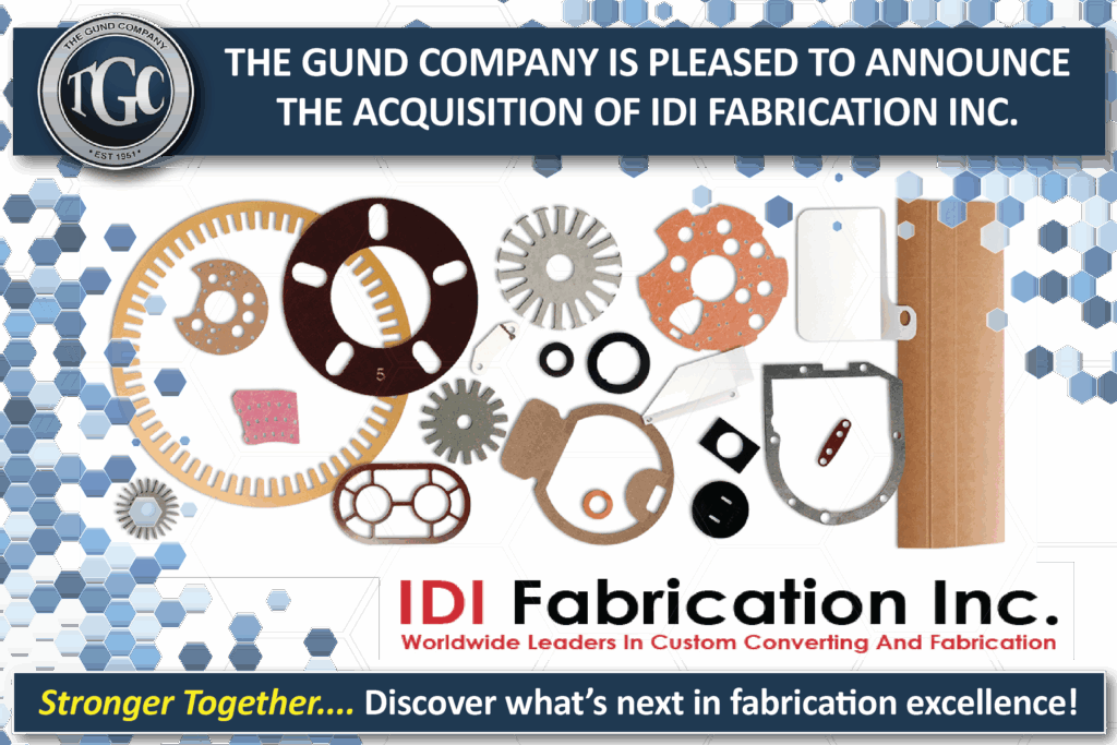 The Gund Company acquires IDI Fabrication Inc. – announcement with mechanical parts and company logos