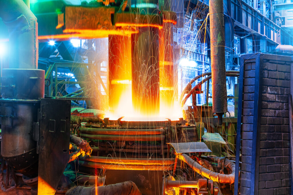 Working electroarc furnace at the metallurgical plant workshop